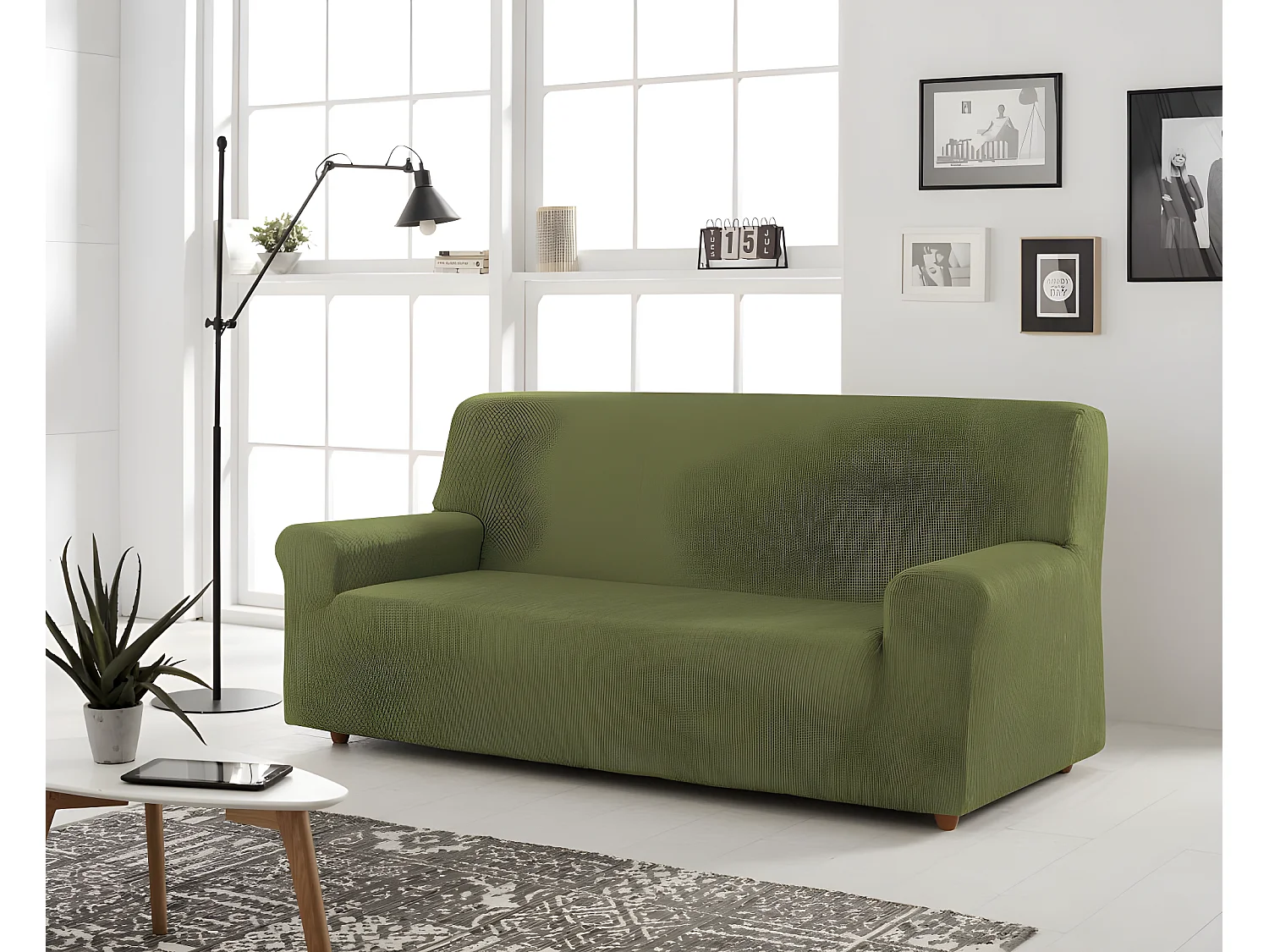 ESTORALIS | Funda de Sofá Tejido Elastico Resistente | Para Sofá 3 Plazas | Tamaño ( de 170 a 220 cm. )  | Modelo BERTA Color Verde