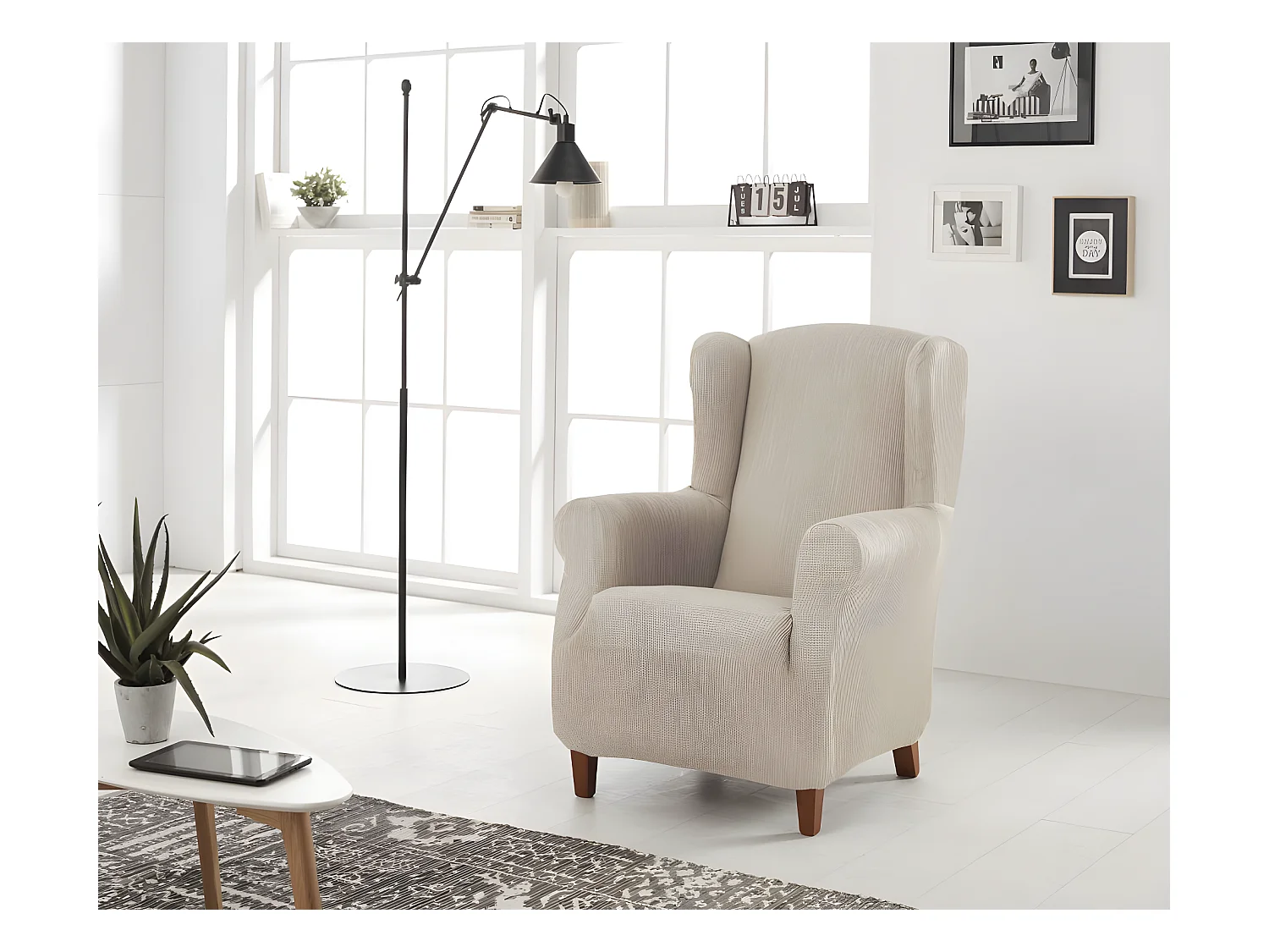 ESTORALIS | Funda Sillon Tejido Elastico Resistente | Para Sillon Orejero | Tamaño ( de 70 a 110 cm. )  | Modelo BERTA Color Marfil
