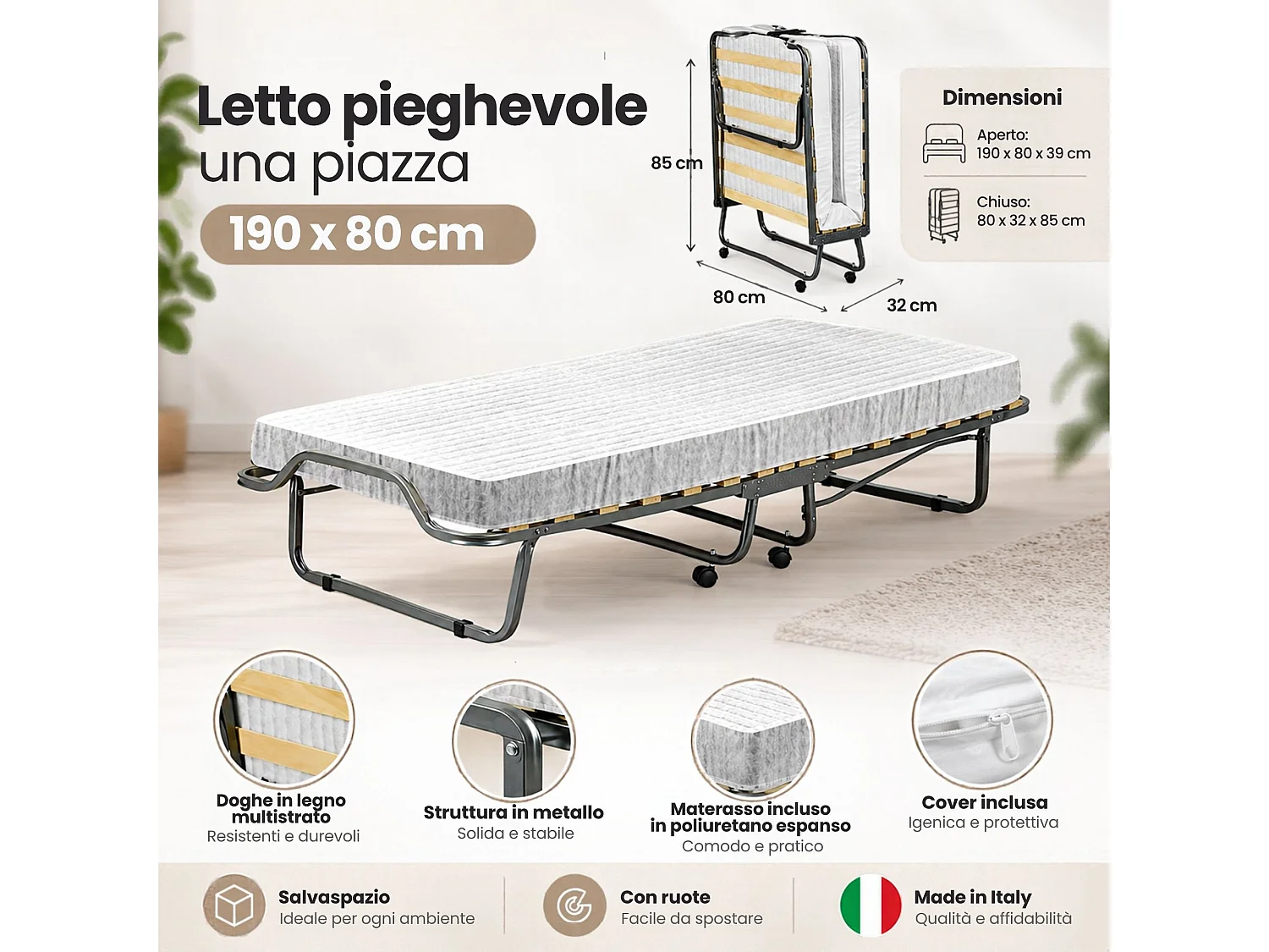 Lit pliant Dpiate, Lit de camp à 15 lattes, Matelas inclus, Lit bébé peu encombrant, 100% Made in Italy, 80x190h39 cm, Housse de protection sur demande