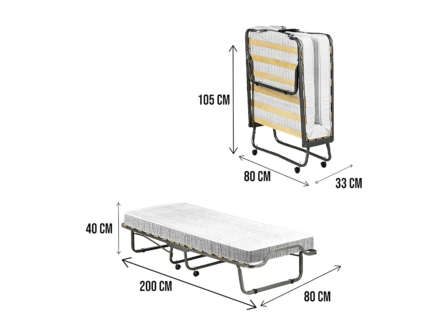 Lit pliant Dpava, lit de camp peu encombrant avec sommier à 15 lattes, housse de protection incluse, 100% Made in Italy, 80x200h40 cm, matelas inclus