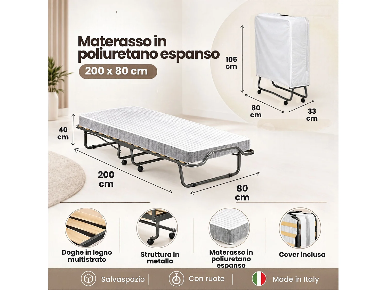 Lit pliant Dpava, lit de camp peu encombrant avec sommier à 15 lattes, housse de protection incluse, 100% Made in Italy, 80x200h40 cm, matelas inclus
