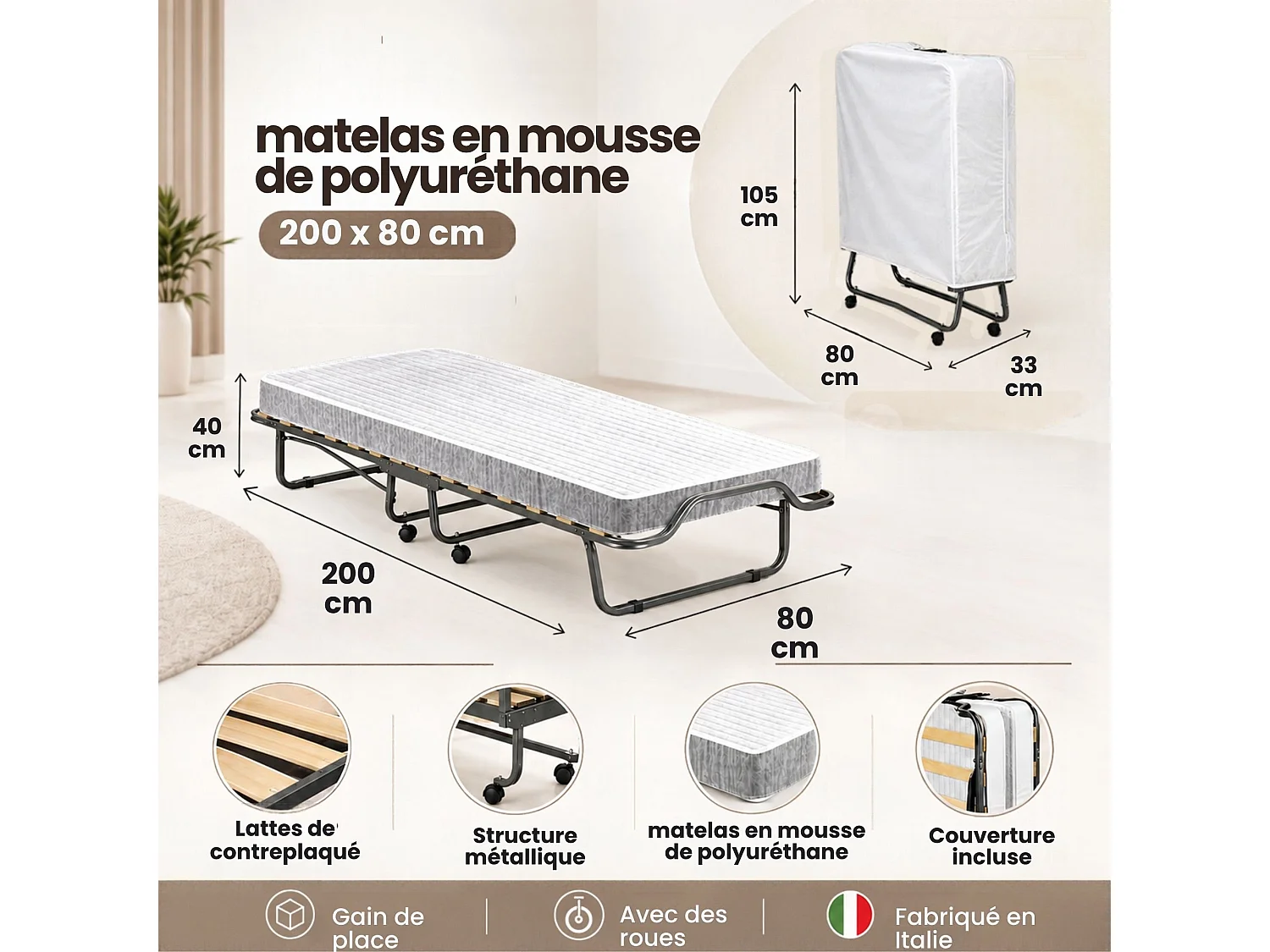 Lit pliant Dpava, lit de camp peu encombrant avec sommier à 15 lattes, housse de protection incluse, 100% Made in Italy, 80x200h40 cm, matelas inclus