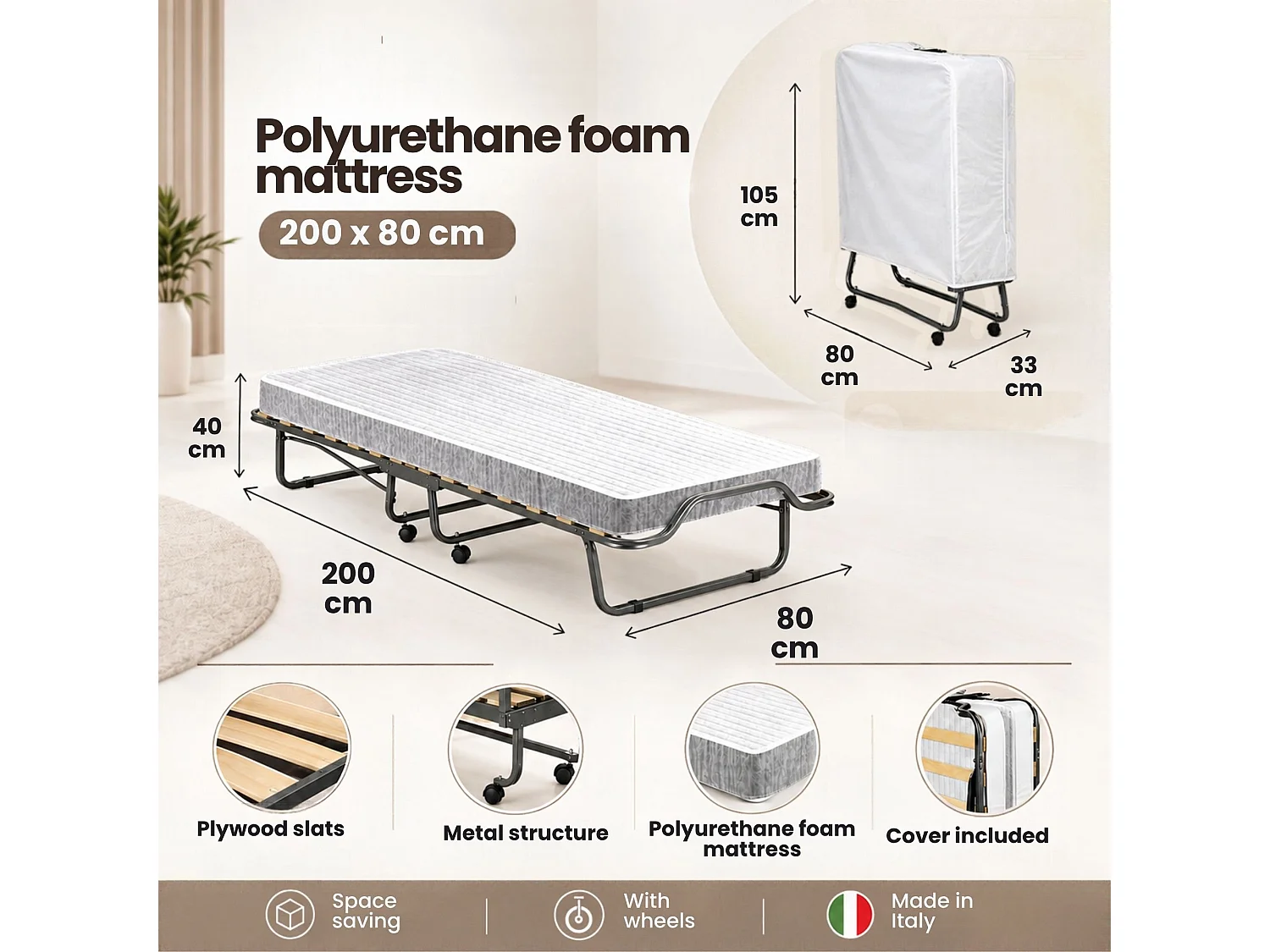 Cama plegable Dpava, Cama plegable que ahorra espacio con 15 somier, Funda incluida, 100% Made in Italy, 80x200h40 cm, colchón incluido