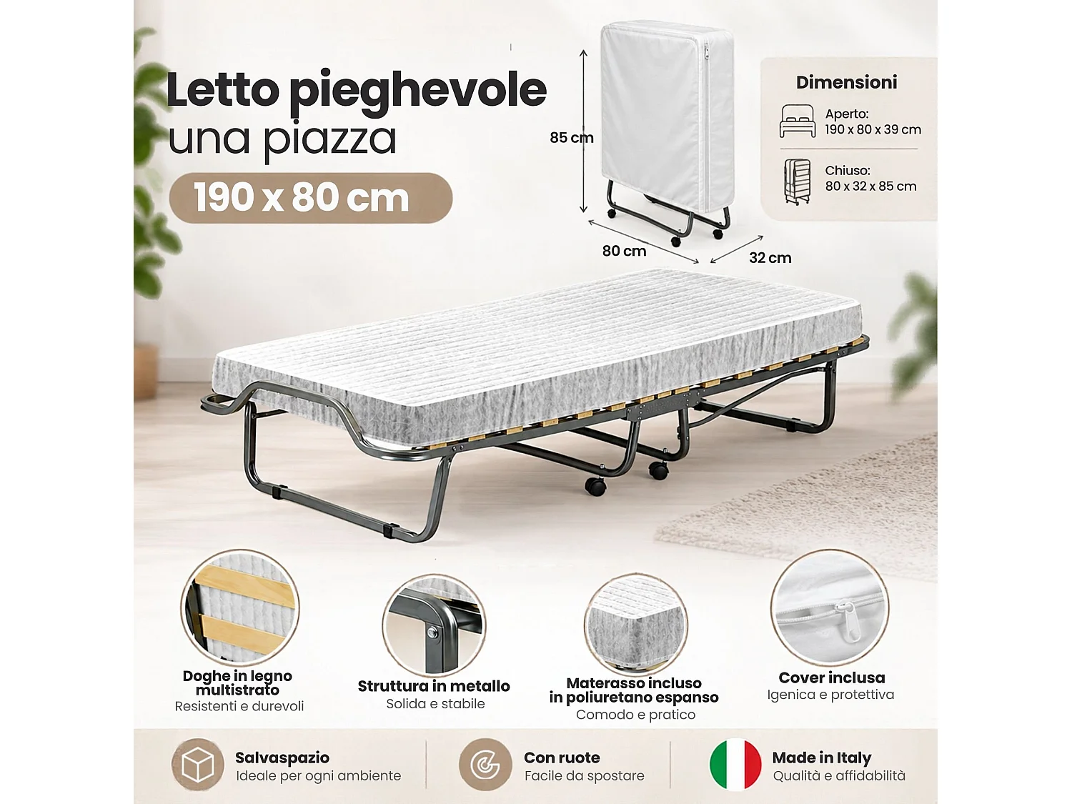 Lit pliant Dpiate, Lit de camp à 15 lattes, Matelas inclus, Lit bébé peu encombrant, 100% Made in Italy, 80x190h39 cm, Housse de protection incluse