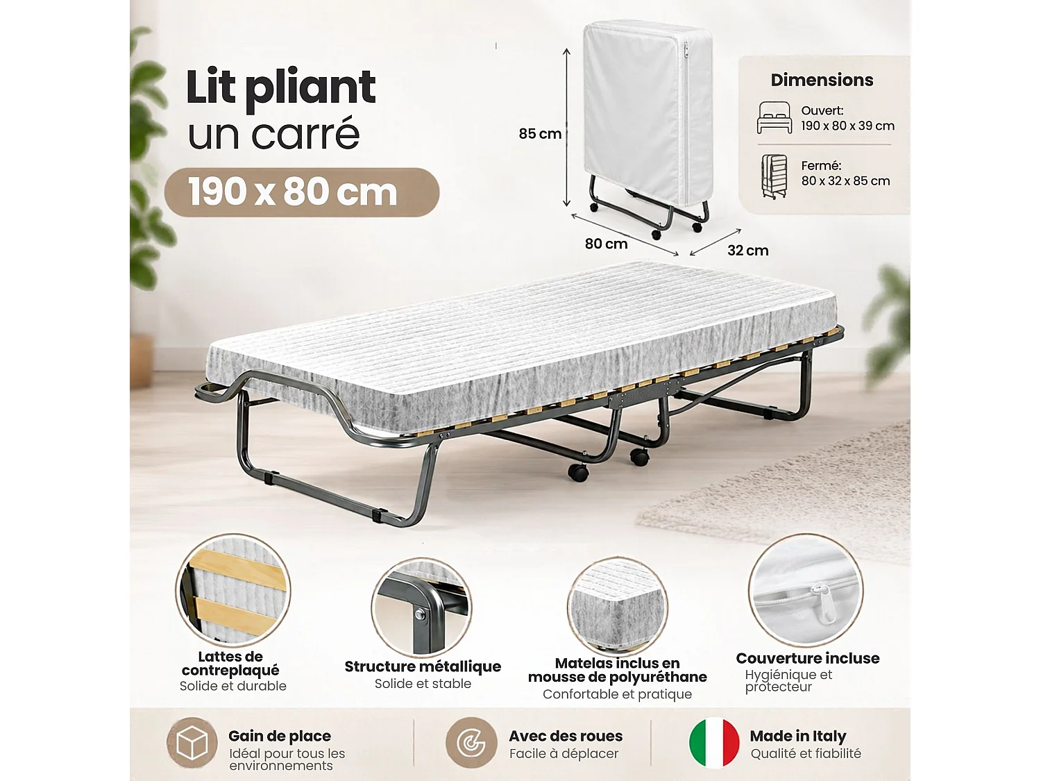 Lit pliant Dpiate, Lit de camp à 15 lattes, Matelas inclus, Lit bébé peu encombrant, 100% Made in Italy, 80x190h39 cm, Housse de protection incluse