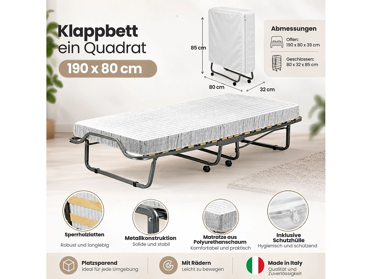 Lit pliant Dpiate, Lit de camp à 15 lattes, Matelas inclus, Lit bébé peu encombrant, 100% Made in Italy, 80x190h39 cm, Housse de protection incluse