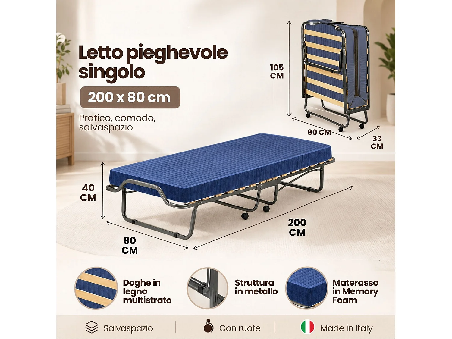 Letto Pieghevole Citrino, Materasso Incluso Made in Italy, 80x200 cm Nero Jeans, Brandina