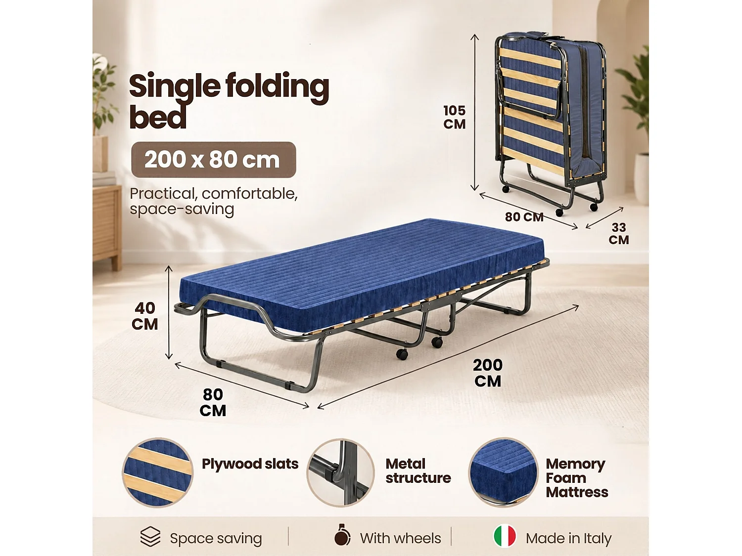Letto Pieghevole Citrino, Materasso Incluso Made in Italy, 80x200 cm Nero Jeans, Brandina
