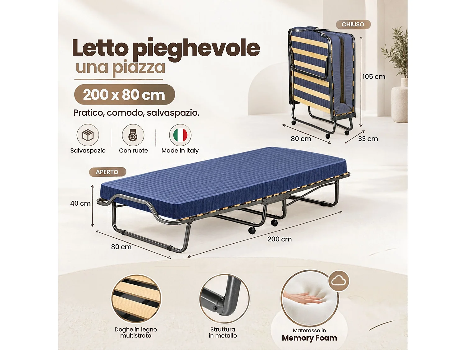 Lit pliant Dabadian, lit pliant à 15 lattes, lit bébé peu encombrant, 100% Made in Italy, 80x200h40 cm, matelas à mémoire de forme inclus