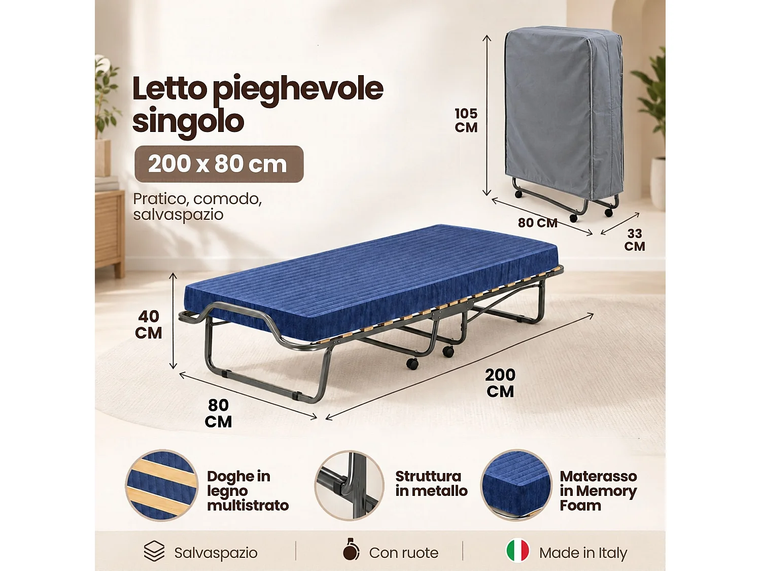 Lit pliant Piera, Lit de camp peu encombrant avec sommier à 15 lattes, housse inclus, 100% Made in Italy, 80x200h40 cm, matelas memory inclus