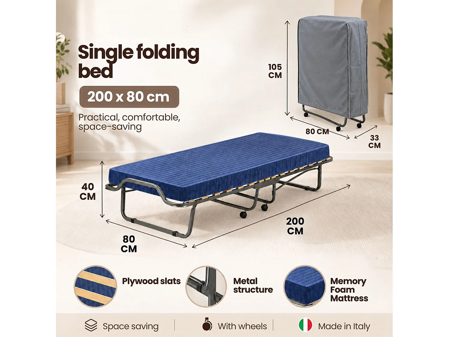 Daaltone opklapbed, ruimtebesparend veldbed met 15 latten, inclusief beschermhoes, 100% Made in Italy, 80x200h40 cm, inclusief memory-matras