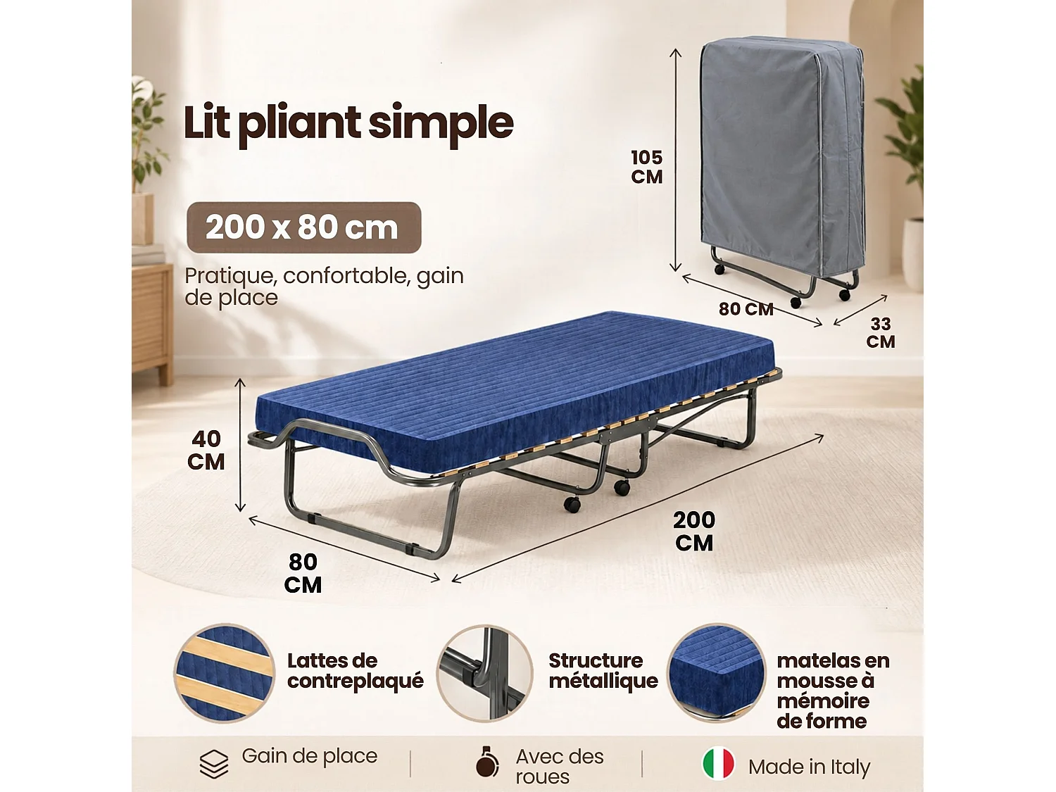 Daaltone opklapbed, ruimtebesparend veldbed met 15 latten, inclusief beschermhoes, 100% Made in Italy, 80x200h40 cm, inclusief memory-matras