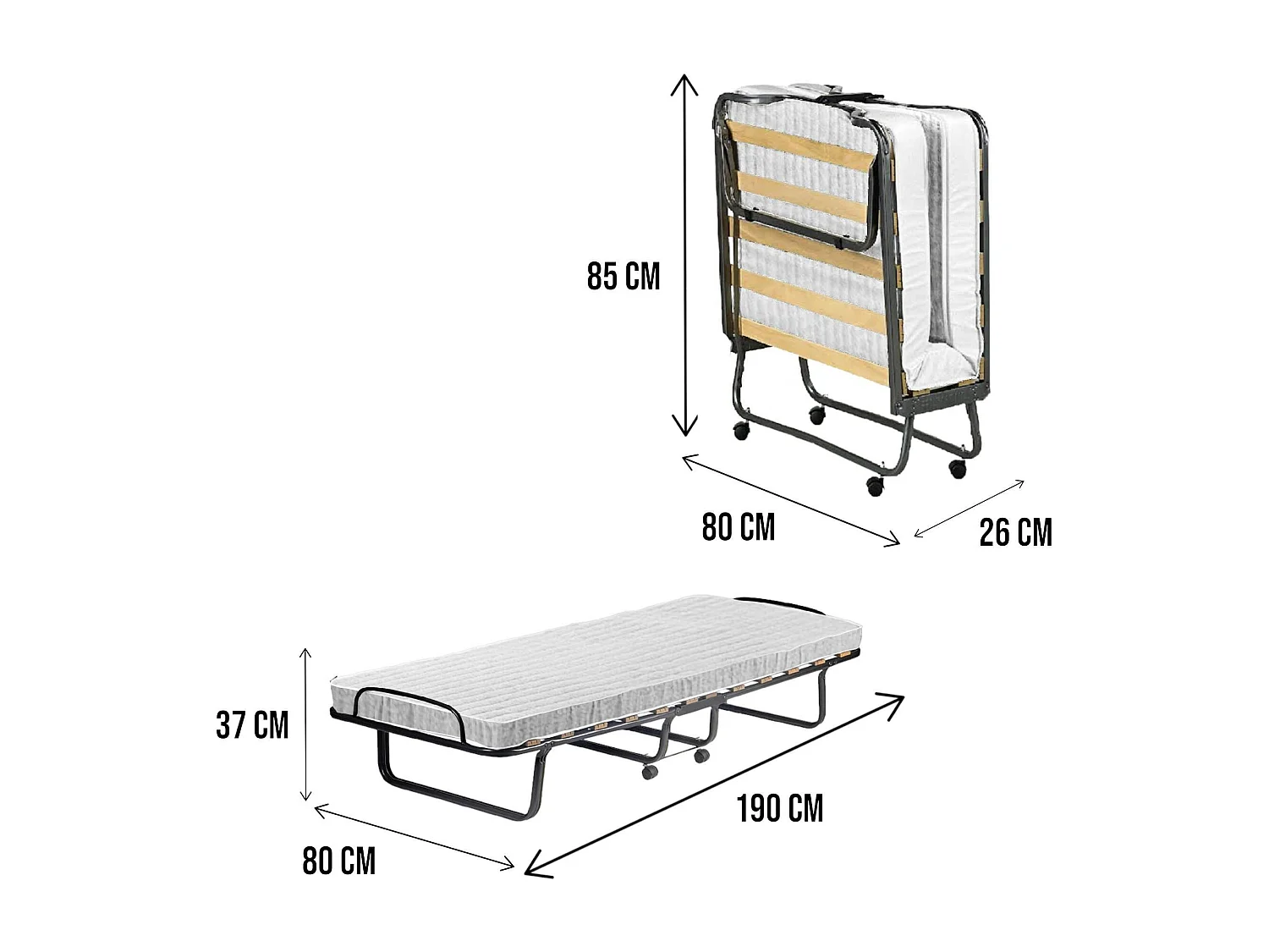 Cama dobrável Dpari, Cama de acampamento com 12 ripa, Colchão incluído, Berço que economiza epaço, 100% Fabricado na Itália, 80x190h37 cm, Capa protetora incluída