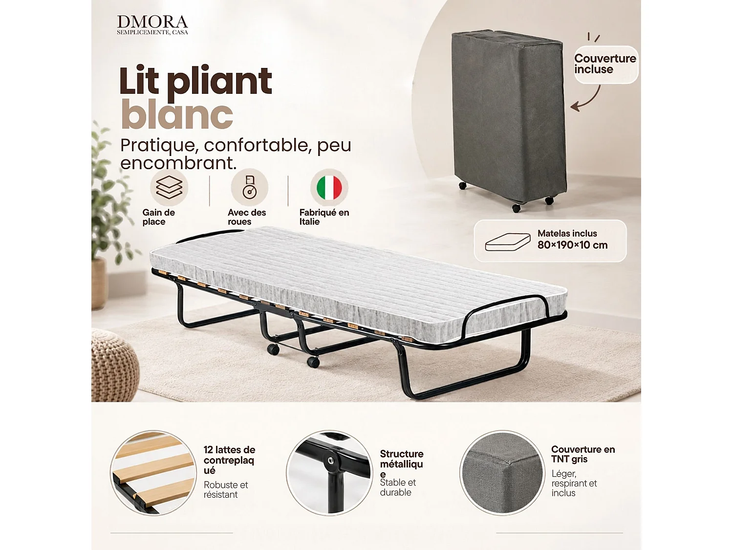 Lit pliant Dparis, Lit de camp à 12 lattes, Matelas inclus, Lit bébé peu encombrant, 100% Made in Italy, 80x190h37 cm, Housse de protection incluse