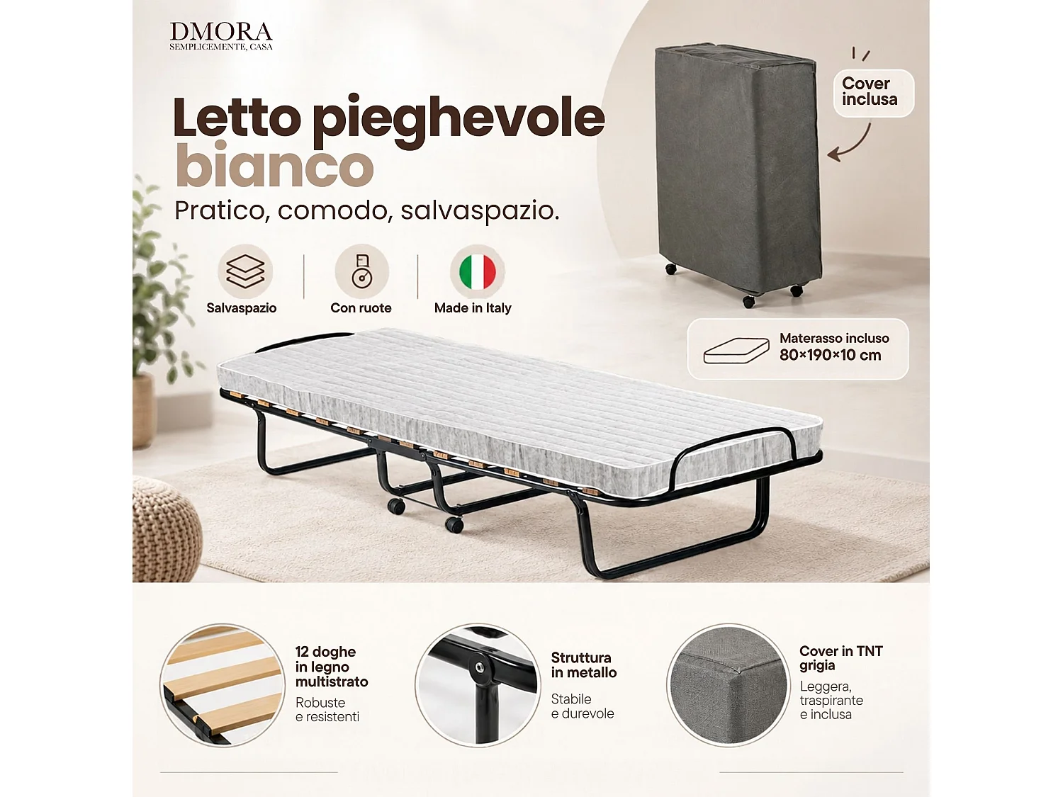 Lit pliant Dparis, Lit de camp à 12 lattes, Matelas inclus, Lit bébé peu encombrant, 100% Made in Italy, 80x190h37 cm, Housse de protection incluse