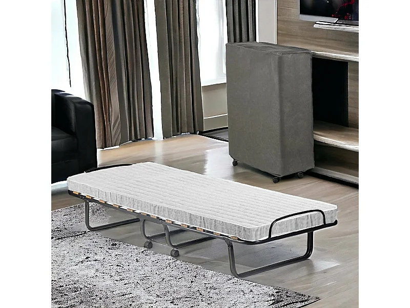 Cama dobrável Dpari, Cama de acampamento com 12 ripa, Colchão incluído, Berço que economiza epaço, 100% Fabricado na Itália, 80x190h37 cm, Capa protetora incluída