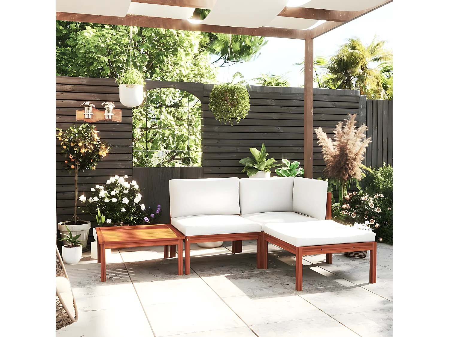 Set Salotti da Giardino 4 pz con Cuscini Crema Massello Acacia CFW89820