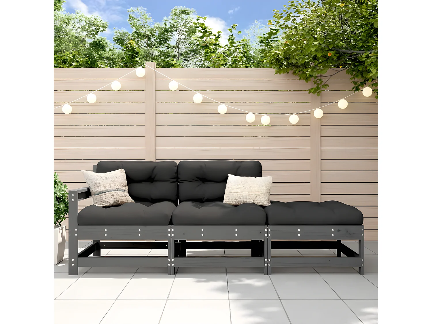 3-tlg. Garten-Sitzgruppe: Sofa + Tisch | Garten-Lounge-Set Grau Massivholz Kiefer -GKD106407