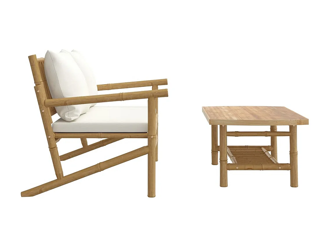2-tlg. Garten-Sitzgruppe: Sofa + Tisch | Garten-Lounge-Set mit Cremeweißen Kissen Bambus -GKD274432
