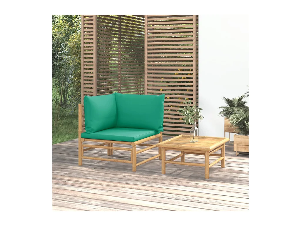 2-tlg. Garten-Sitzgruppe: Sofa + Tisch | Garten-Lounge-Set mit Grünen Kissen Bambus -GKD121512
