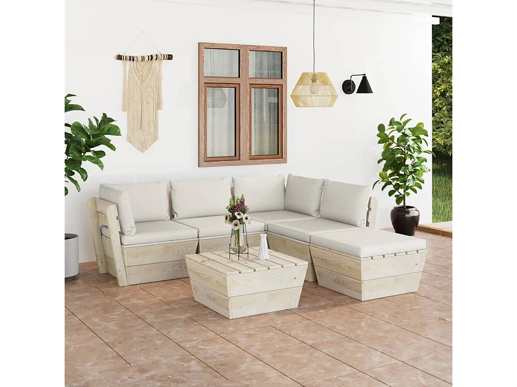 6 pz Set Salotti da Giardino su Pallet con Cuscini Legno Abete CFW24873