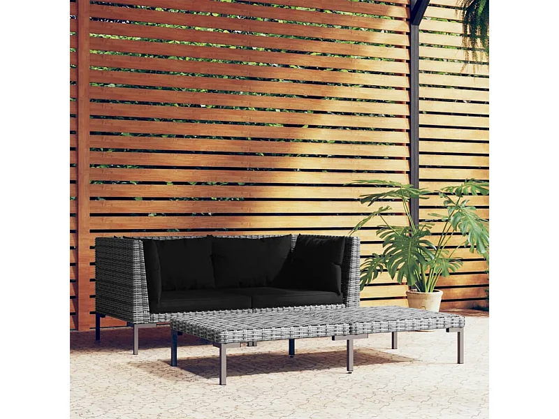 3-tlg. Garten-Sitzgruppe: Sofa + Tisch | Garten-Lounge-Set Dunkelgrau Halbrundes Poly Rattan -GKD428976