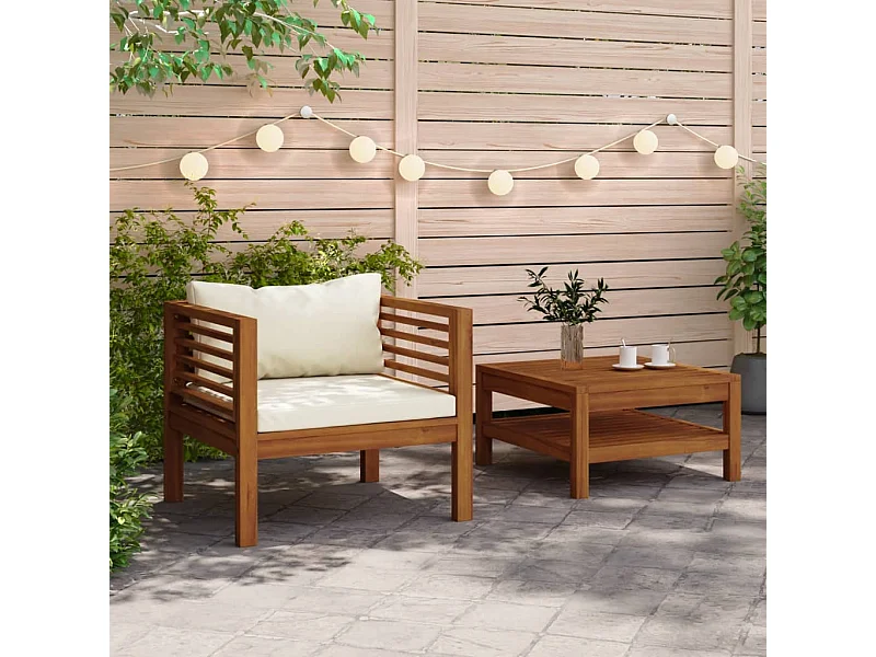 2-tlg. Garten-Sofagarnitur,Gartenmöbel-Set mit Cremeweißen Kissen Akazienholz -gkd720957