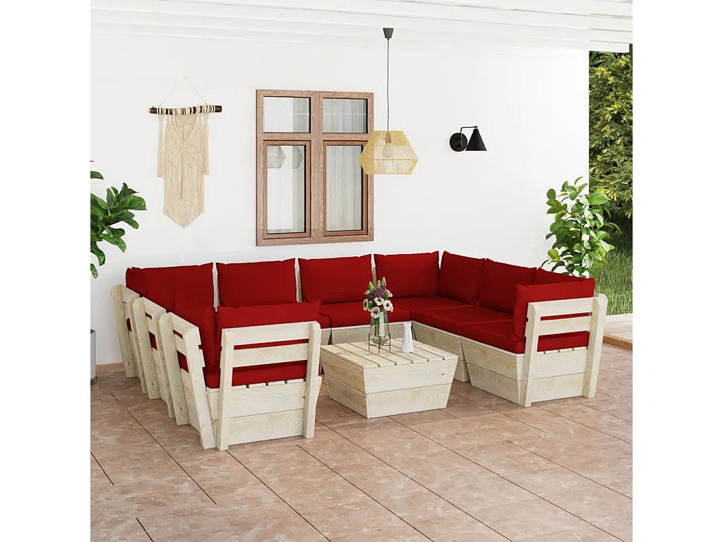 9 pz Set Salotti da Giardino su Pallet con Cuscini Legno Abete CFW67919