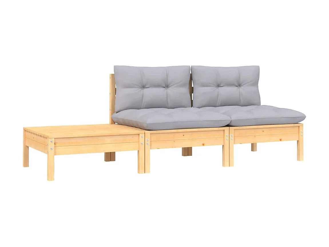 3-tlg. Garten-Sitzgruppe: Sofa + Tisch | Garten-Lounge-Set mit Kissen Grau Kiefer Massivholz -GKD509633