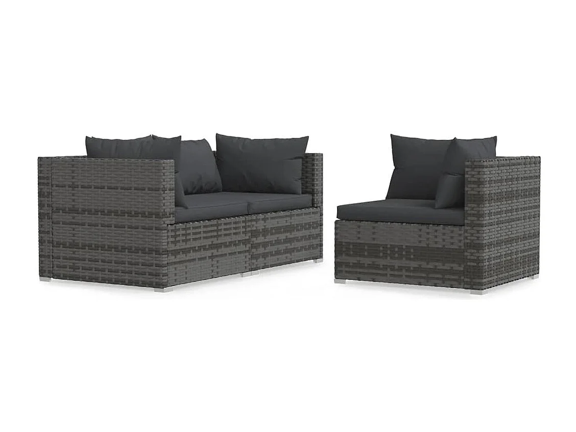 3-tlg. Garten-Sitzgruppe | Garten-Lounge-Set mit Kissen Grau Poly Rattan -GKD974725