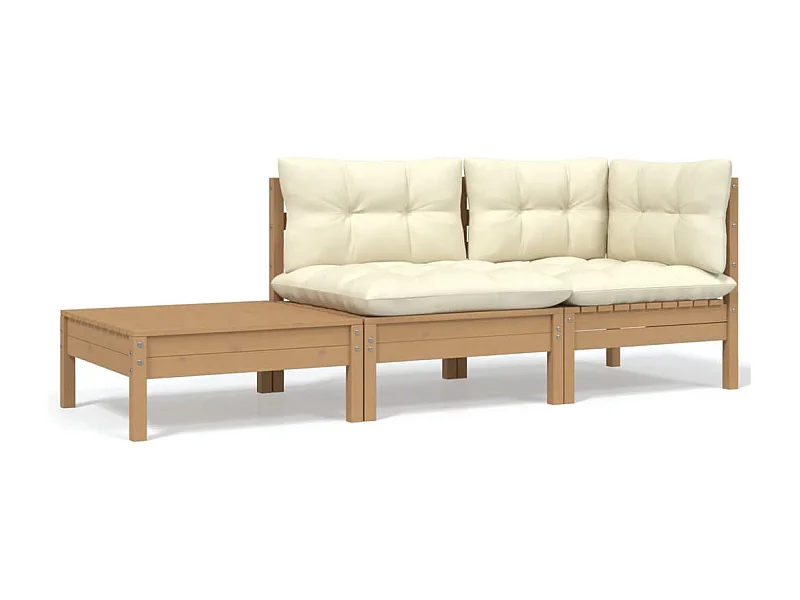 3-tlg. Garten-Sitzgruppe: Sofa + Tisch | Garten-Lounge-Set mit Creme Kissen Massivholz Kiefer -GKD559062