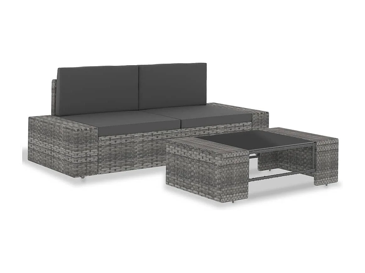 3-tlg. Garten-Sitzgruppe: Sofa + Tisch | Garten-Lounge-Set Poly Rattan Grau -GKD254581