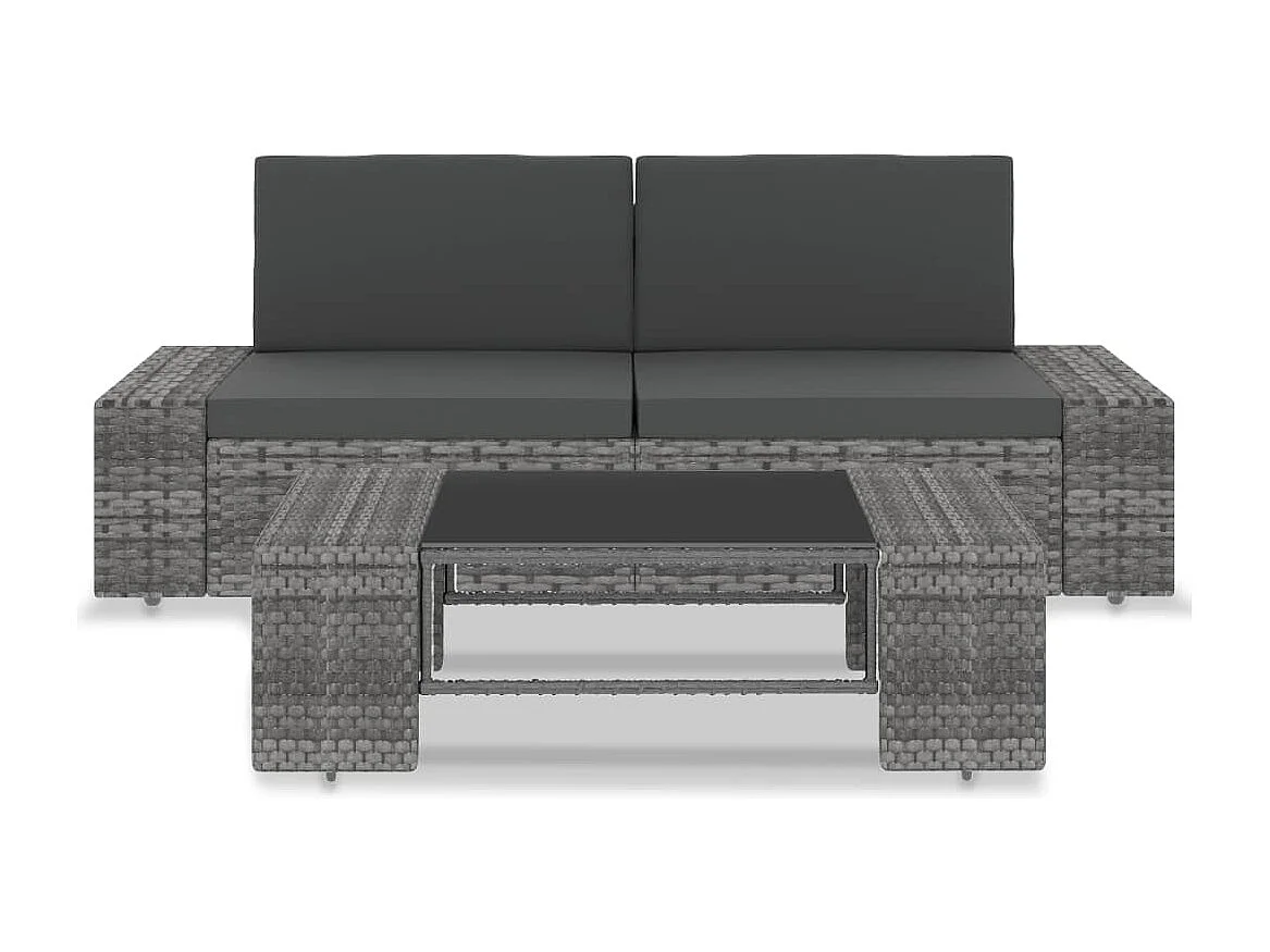 3-tlg. Garten-Sitzgruppe: Sofa + Tisch | Garten-Lounge-Set Poly Rattan Grau -GKD254581