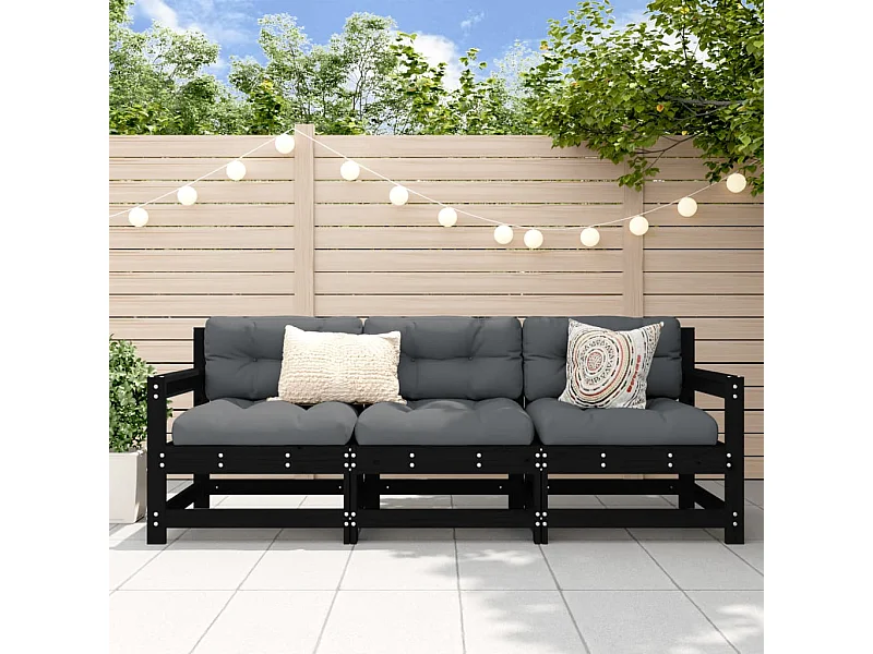 3-tlg. Garten-Sitzgruppe: Sofa + Tisch | Garten-Lounge-Set Schwarz Massivholz Kiefer -GKD202535
