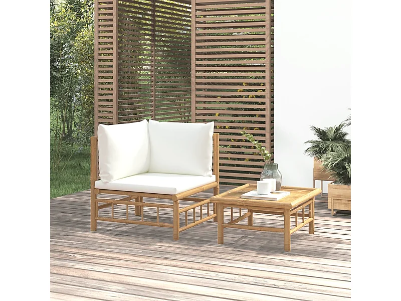 2-tlg. Garten-Sitzgruppe: Sofa + Tisch | Garten-Lounge-Set mit Cremeweißen Kissen Bambus -GKD805225