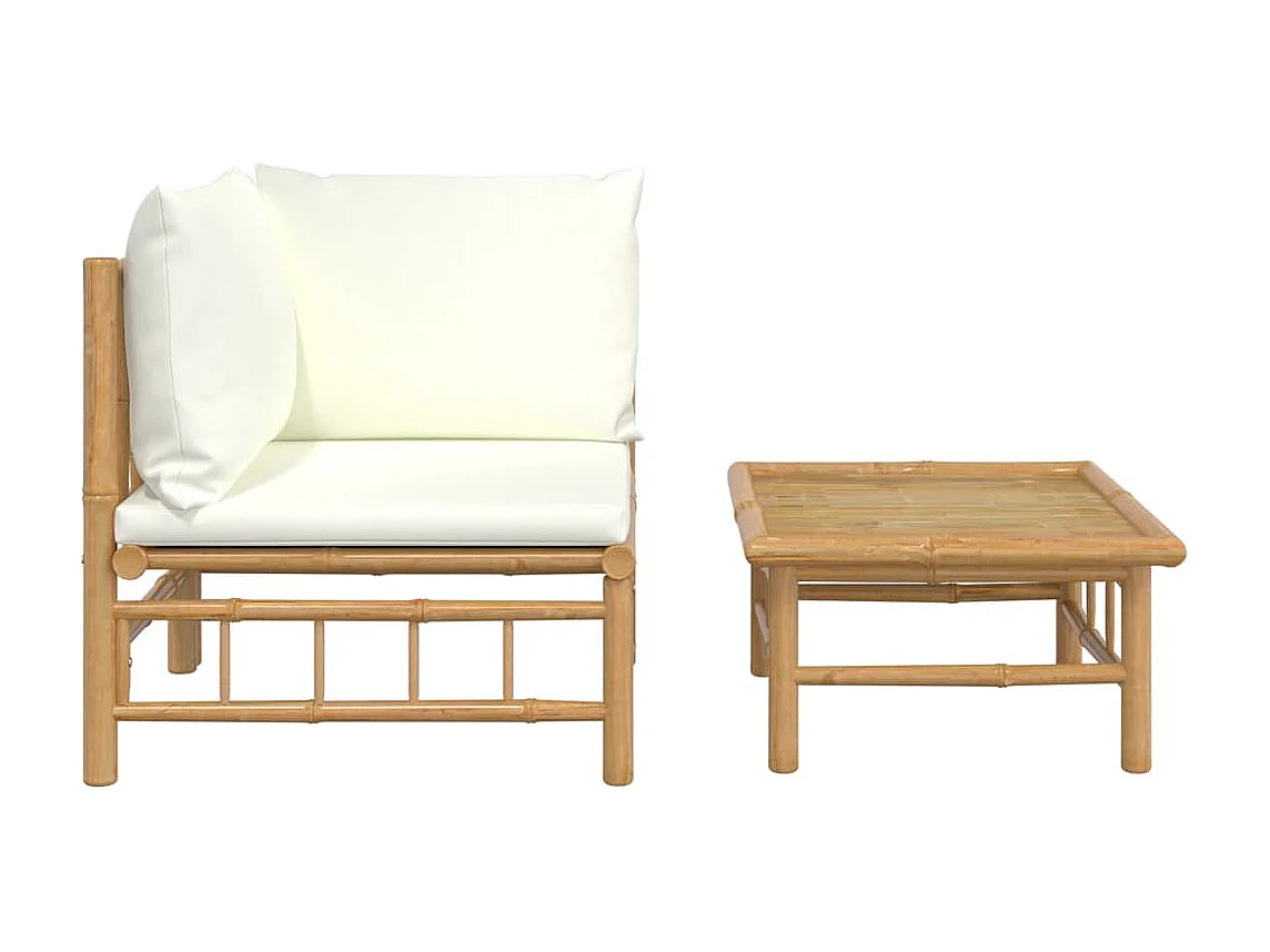 2-tlg. Garten-Sitzgruppe: Sofa + Tisch | Garten-Lounge-Set mit Cremeweißen Kissen Bambus -GKD805225