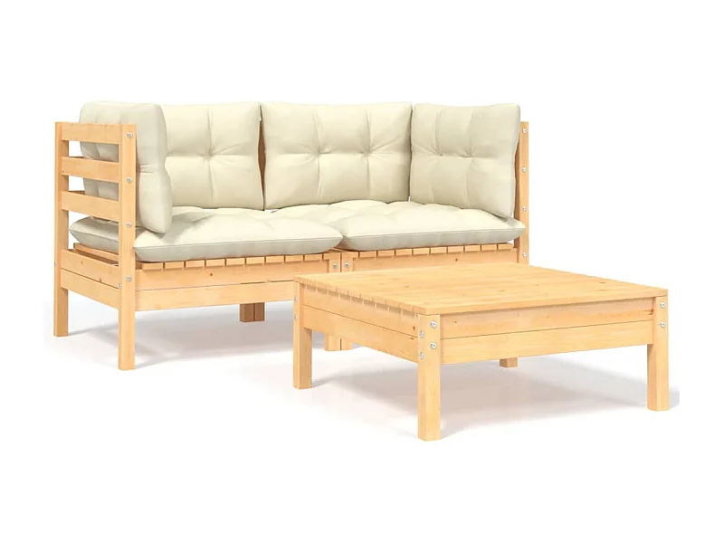 3-tlg. Garten-Sitzgruppe: Sofa + Tisch | Garten-Lounge-Set mit Kissen in Creme Massivholz Kiefer -GKD878091