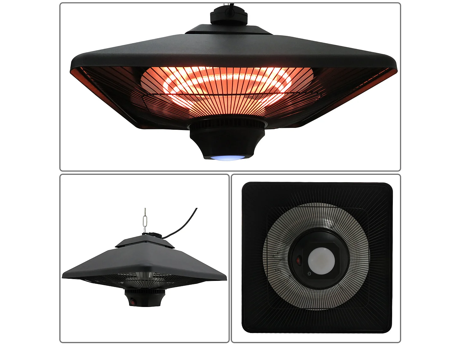 Outsunny Chauffage radiant suspendu 43L x 43l x 25H cm 2 tubes 1000/2000 W extérieur intérieur télécommande éclairage LED intégré noir