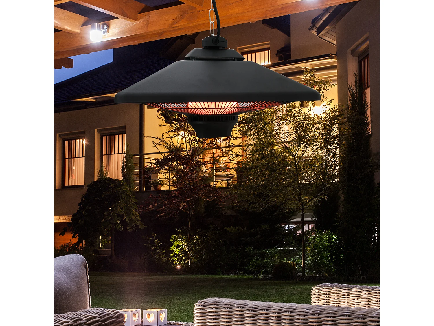 Outsunny Chauffage radiant suspendu 43L x 43l x 25H cm 2 tubes 1000/2000 W extérieur intérieur télécommande éclairage LED intégré noir