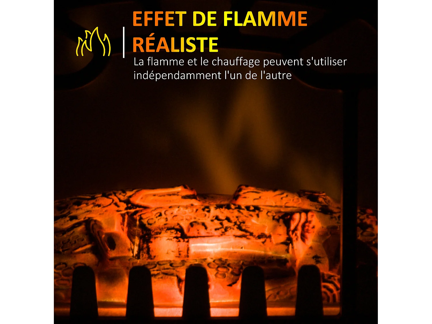 Cheminée électrique radiateur imitation flamme avec luminosité et réglable 900 W / 1800 W porte métal verre trempé noir