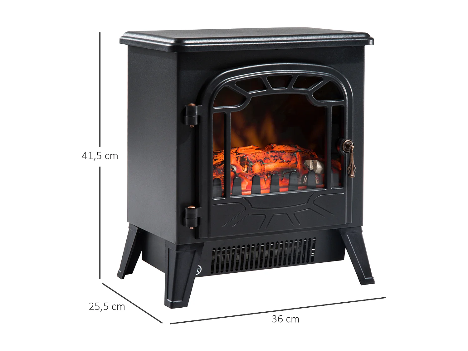 Cheminée électrique radiateur imitation flamme avec luminosité et réglable 900 W / 1800 W porte métal verre trempé noir