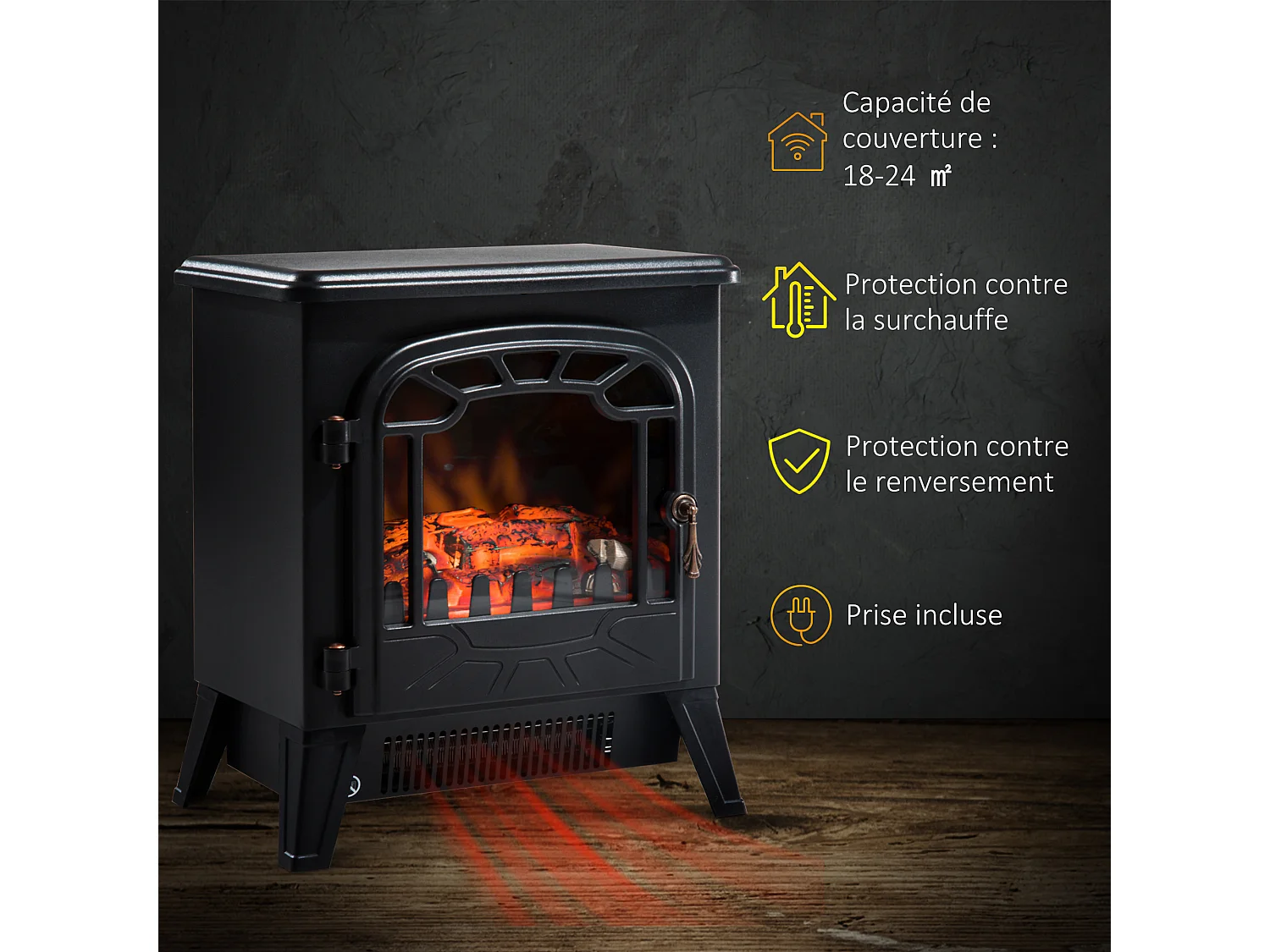 Cheminée électrique radiateur imitation flamme avec luminosité et réglable 900 W / 1800 W porte métal verre trempé noir