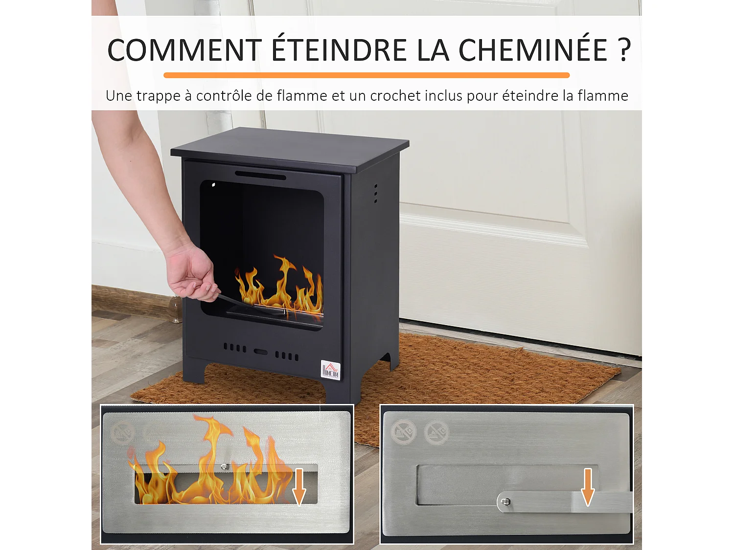 Cheminée bioéthanol sur pieds style néo-rétro poêle 1 brûleur 1,5 L dim. 40L x 30l x 50H cm couverture 20-25 m² noir
