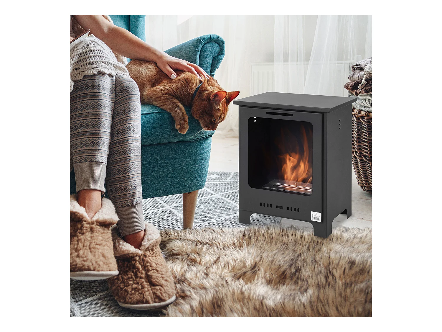 Cheminée bioéthanol sur pieds style néo-rétro poêle 1 brûleur 1,5 L dim. 40L x 30l x 50H cm couverture 20-25 m² noir