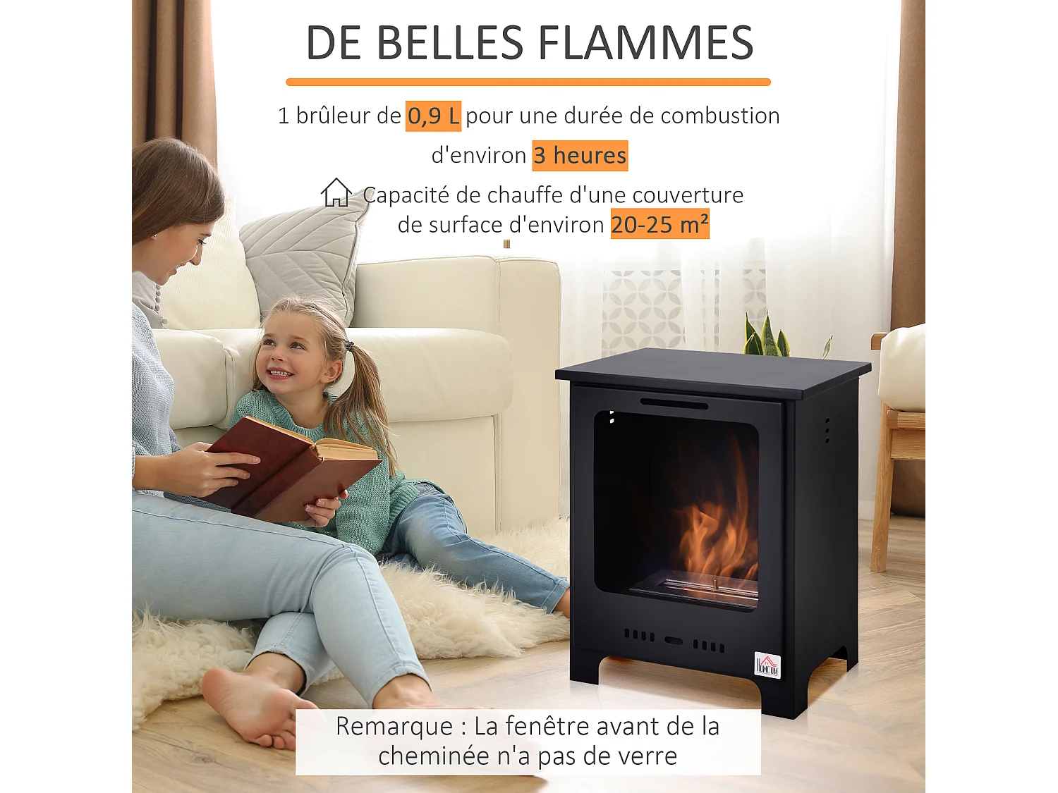 Cheminée bioéthanol sur pieds style néo-rétro poêle 1 brûleur 1,5 L dim. 40L x 30l x 50H cm couverture 20-25 m² noir