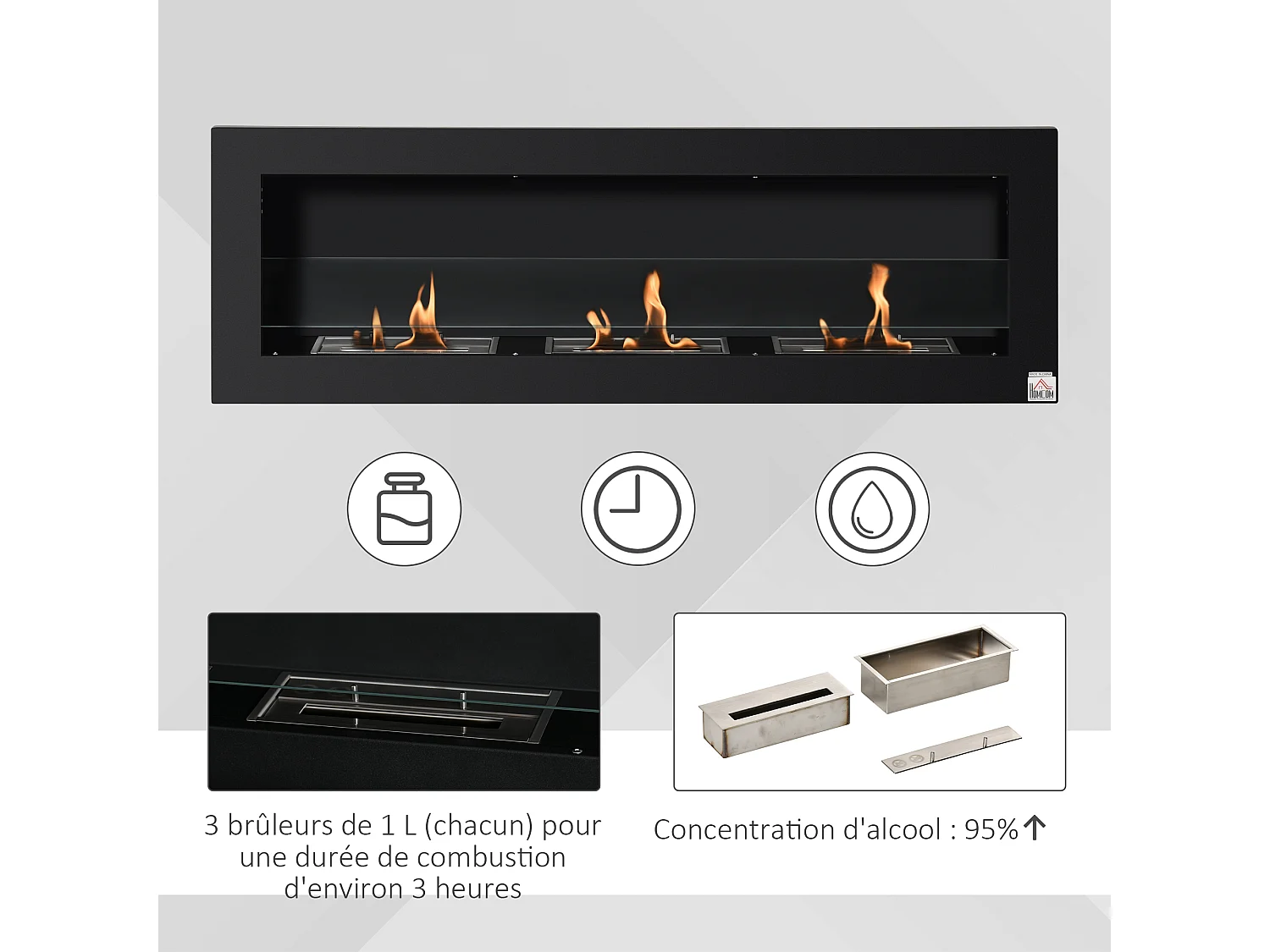 Cheminée bioéthanol murale design Bauhaus - triple brûleur 1 L - pare-feu verre trempé, kit fixation inclus - acier inox. acier dépoli noir
