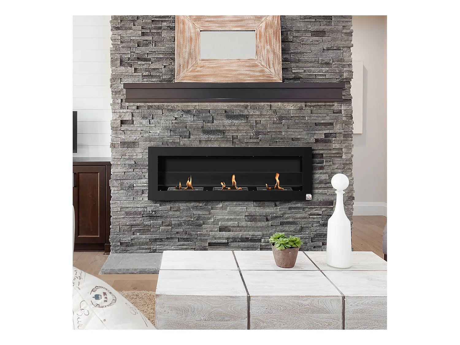 Cheminée bioéthanol murale design Bauhaus - triple brûleur 1 L - pare-feu verre trempé, kit fixation inclus - acier inox. acier dépoli noir