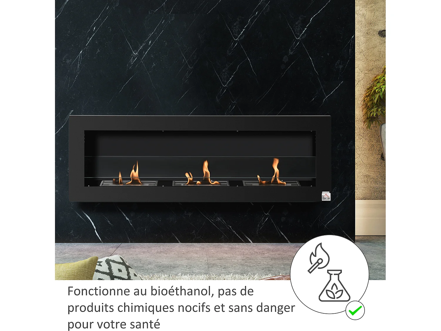 Cheminée bioéthanol murale design Bauhaus - triple brûleur 1 L - pare-feu verre trempé, kit fixation inclus - acier inox. acier dépoli noir