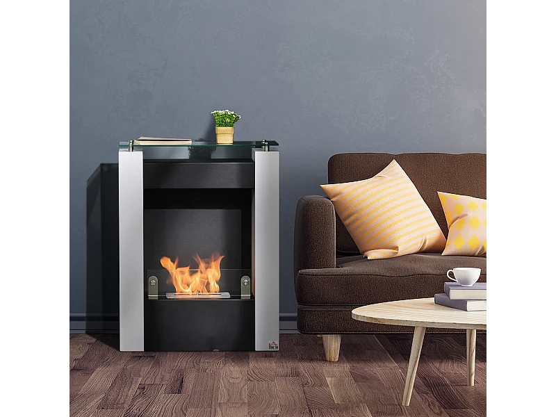 Cheminée bioéthanol design contemporain - étagère, pare-feu verre trempé 6 mm - brûleur 0,9 L - contrôle de flamme et manche inclus - acier noir blanc