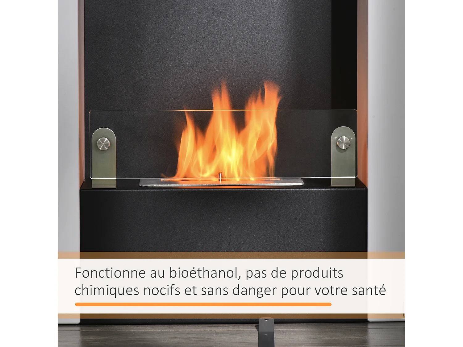 Cheminée bioéthanol design contemporain - étagère, pare-feu verre trempé 6 mm - brûleur 0,9 L - contrôle de flamme et manche inclus - acier noir blanc